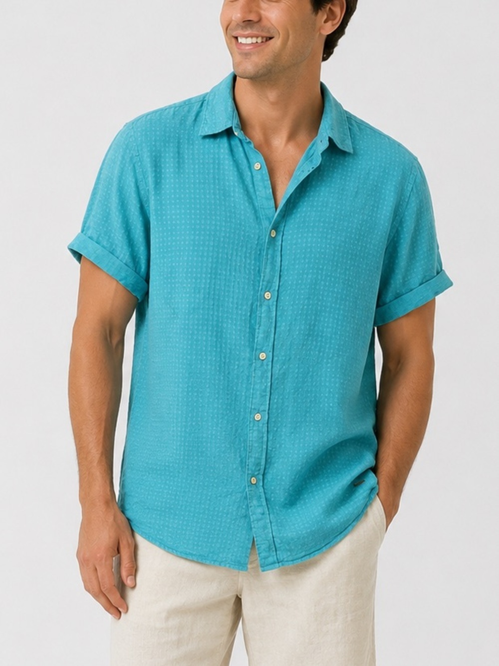 Scotch & Soda Men’s Linen Shirt L  Blue/Green Button-Up Short Sleeve Toxic Fever
